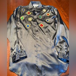Vintage Black Satin Women’s Shirt with Gem Accents